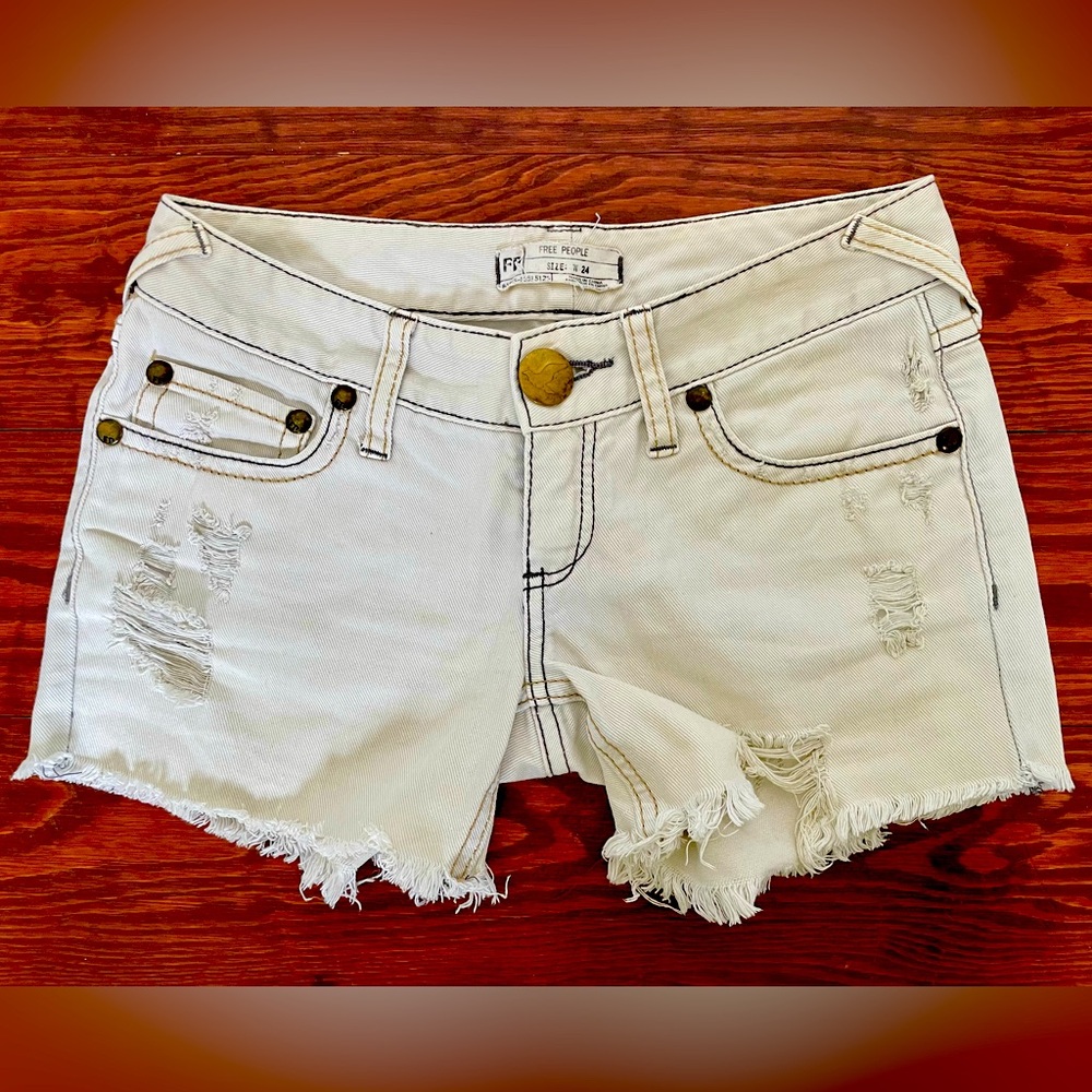 Free People Distressed Cream Shorts - Low Rise, Size 24